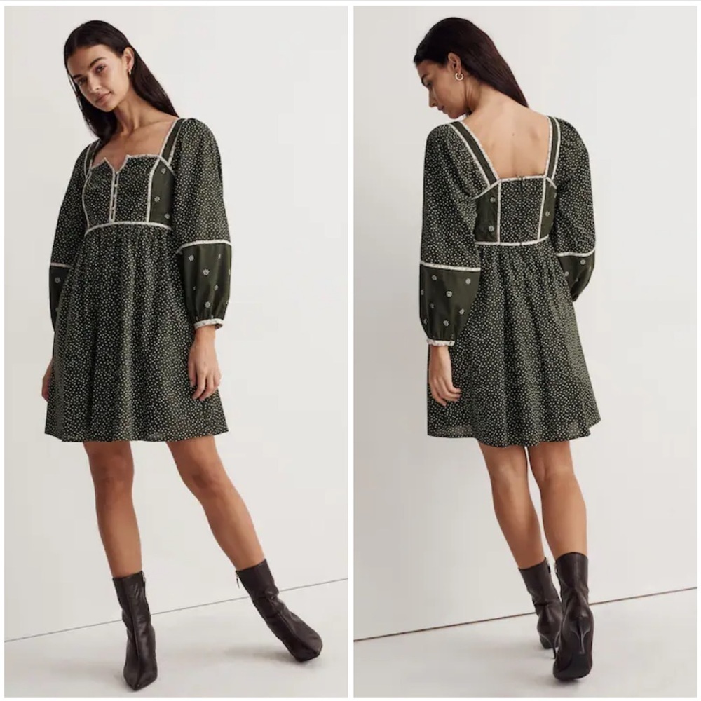 Madewell Floral Mix Square-Neck Mini Dress Dark Forest Green Stars Quilted Sz 8